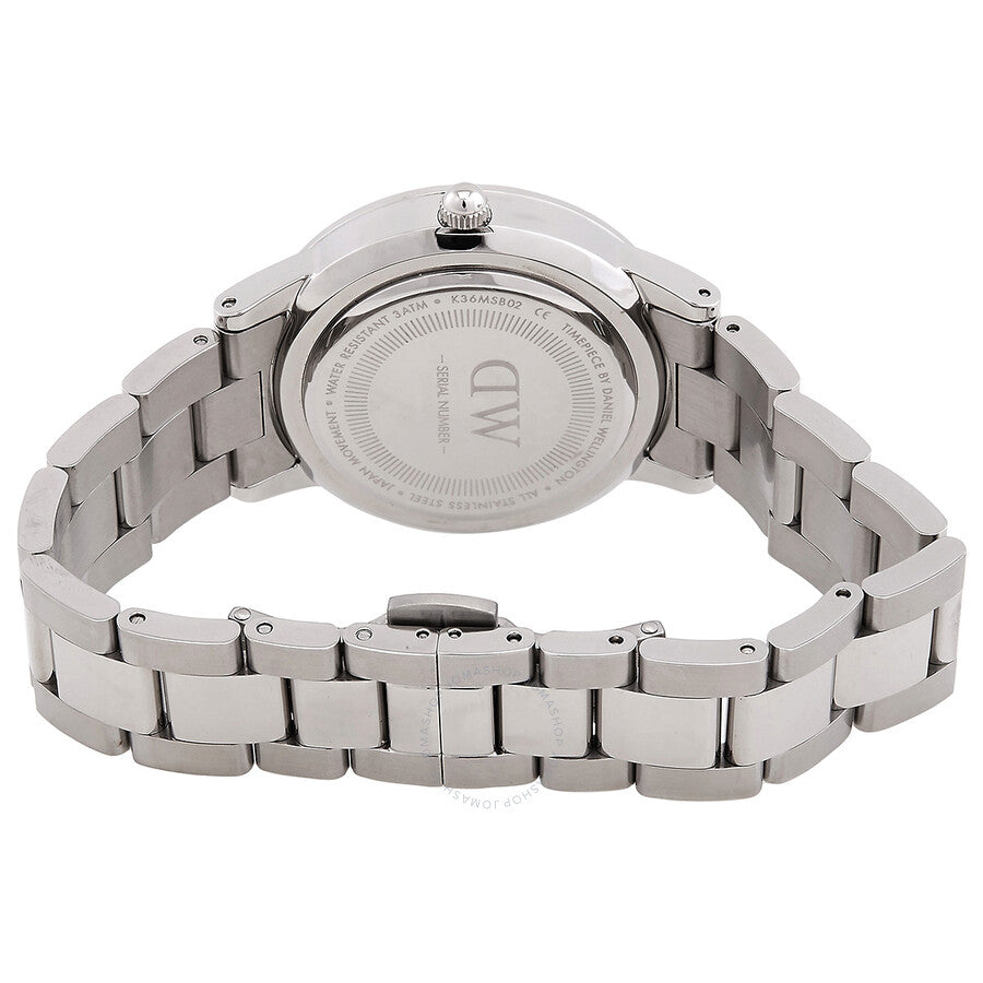 Caseback of Daniel Wellington Iconic Link watch showing stainless steel case and DW branding