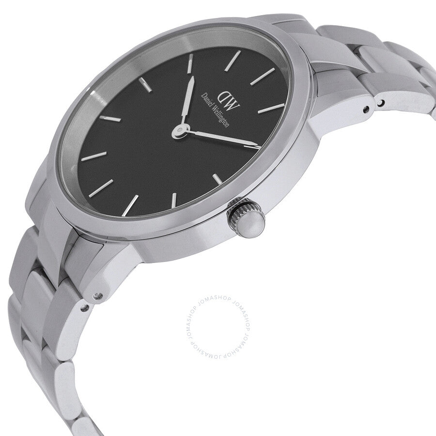 Daniel Wellington Iconic Link watch shown at angle with linked bracelet and crown detail