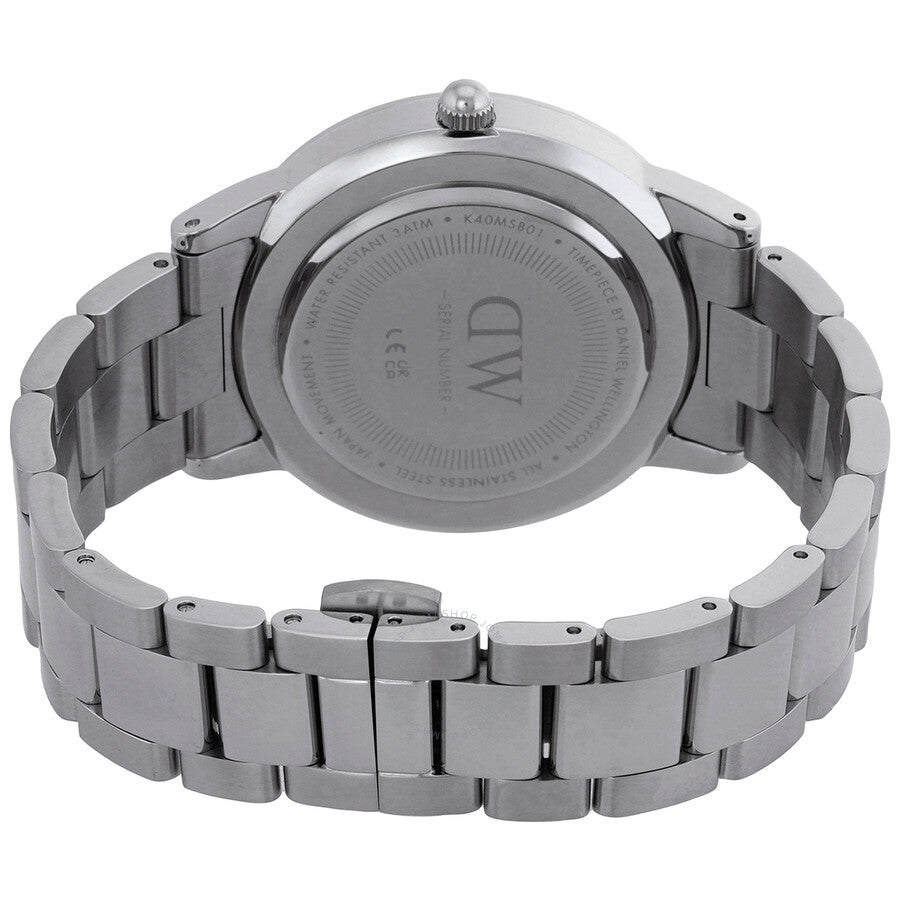Daniel Wellington Iconic Link watch caseback showing stainless steel linked bracelet