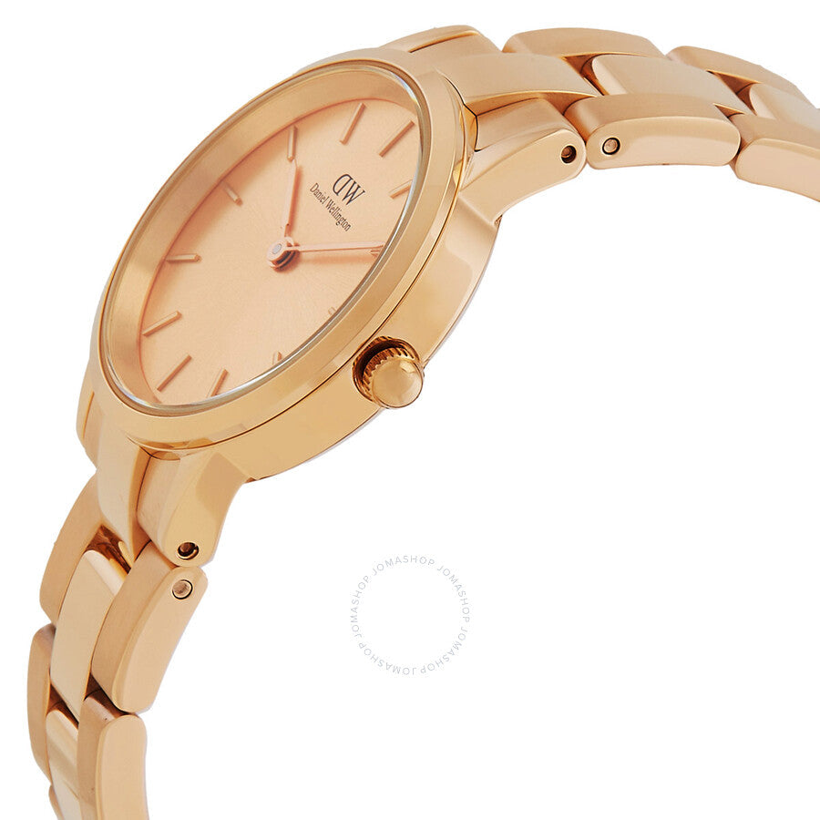 Daniel Wellington Iconic Link watch side angle view showing rose gold case and link strap