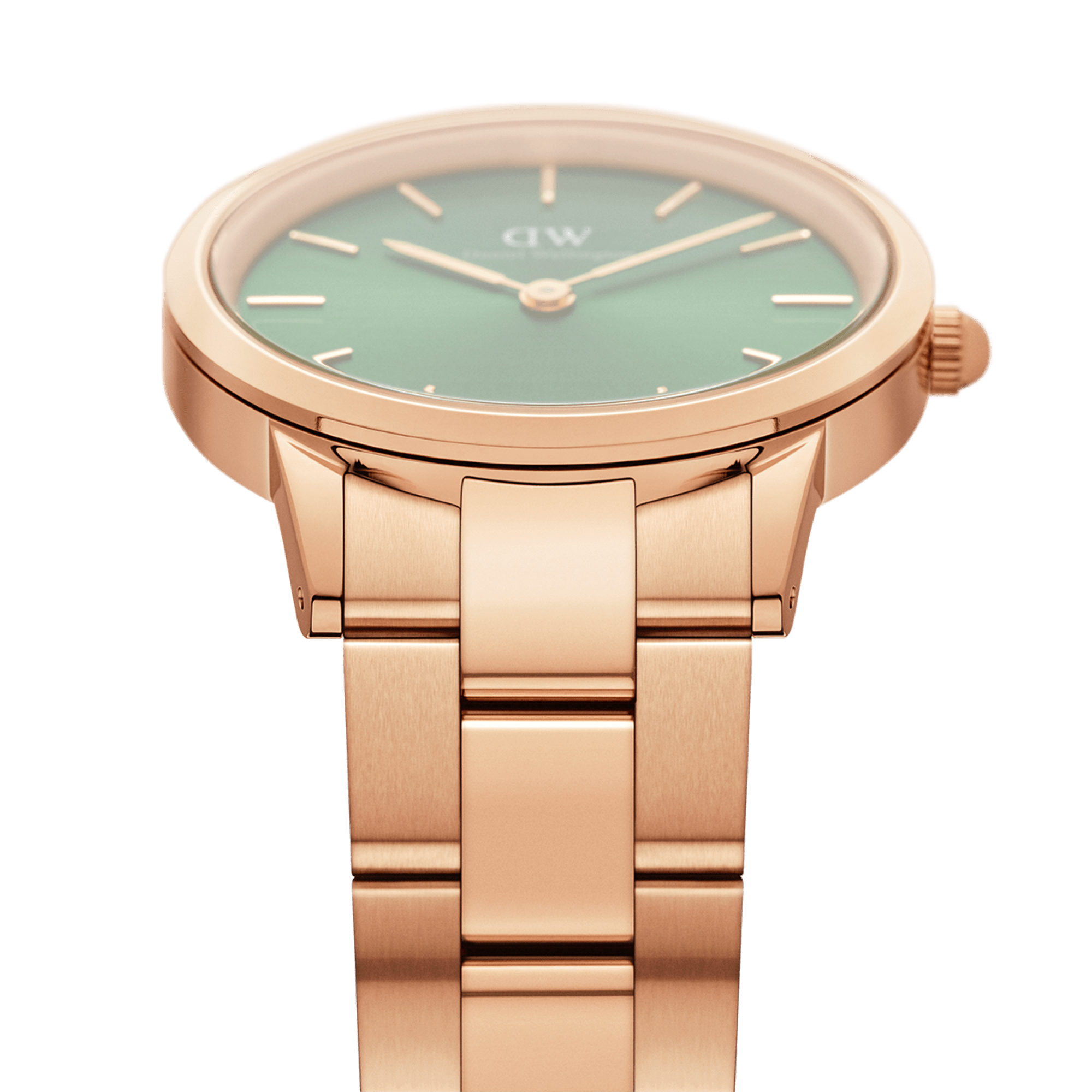 Angled view of Daniel Wellington Iconic Link watch showing green dial and rose gold case