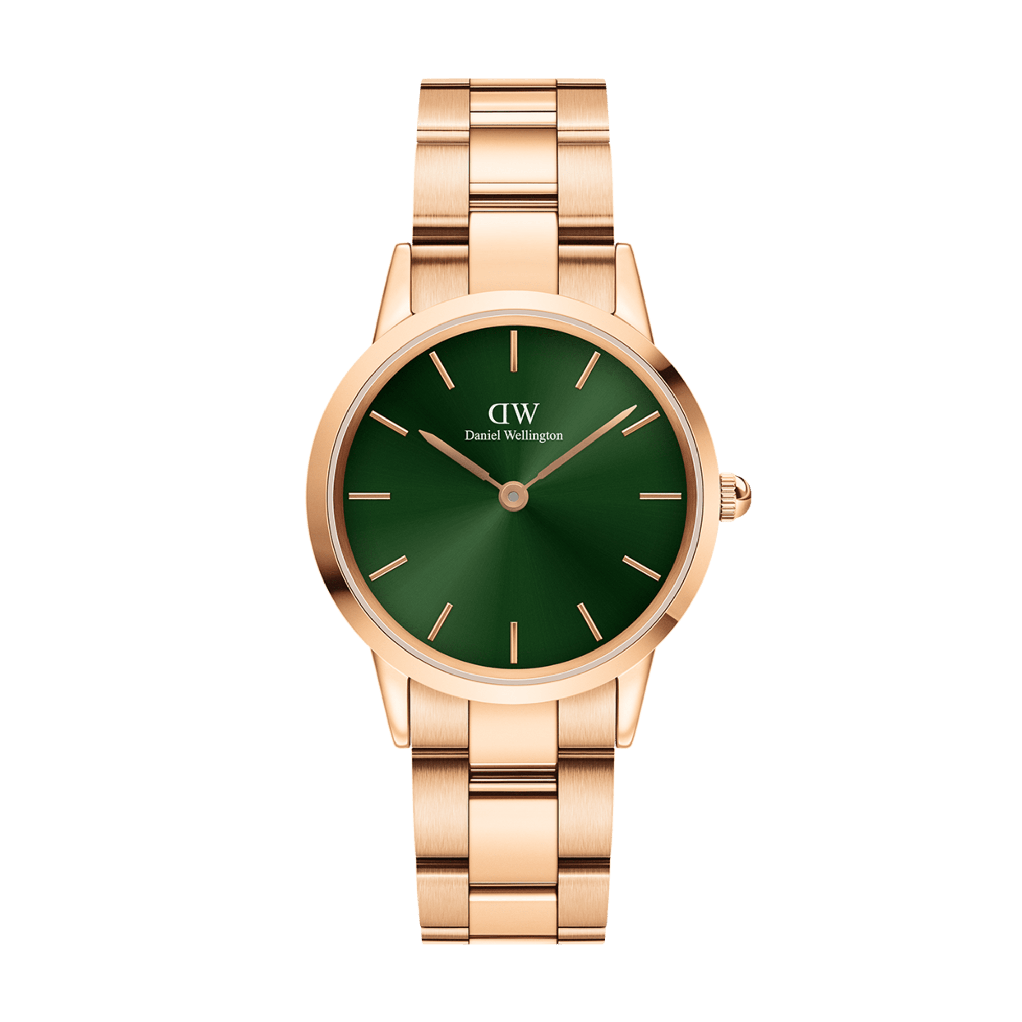 Daniel Wellington Iconic Link watch with emerald green dial and rose gold-tone bracelet