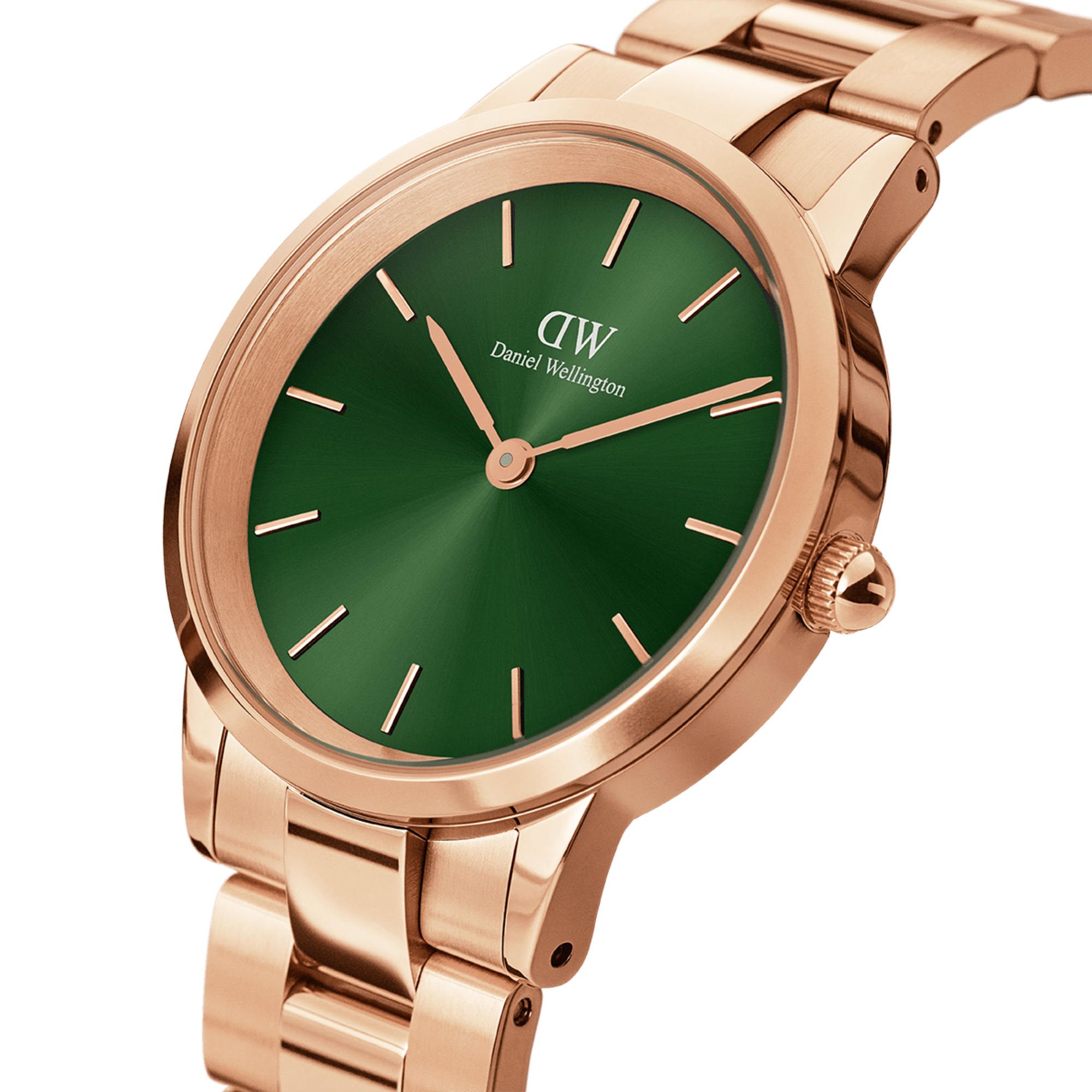 Side view of Daniel Wellington Iconic Link watch with emerald dial and rose gold bracelet