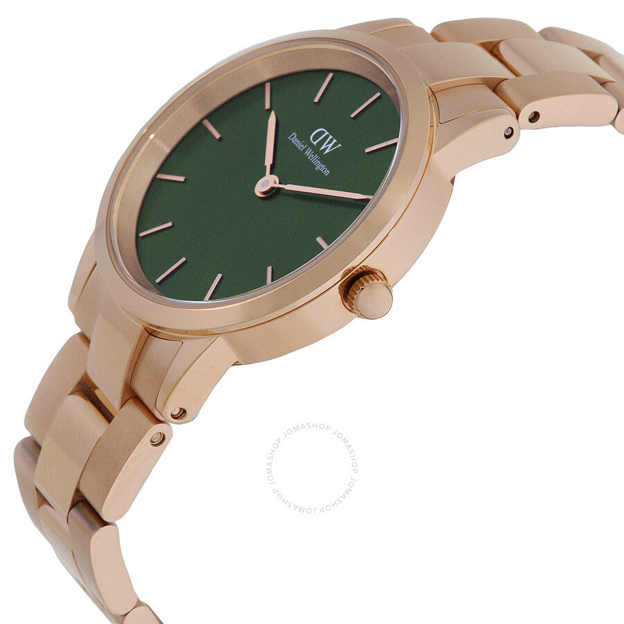 Daniel Wellington Iconic Link watch side view showing green dial and rose gold-tone bracelet