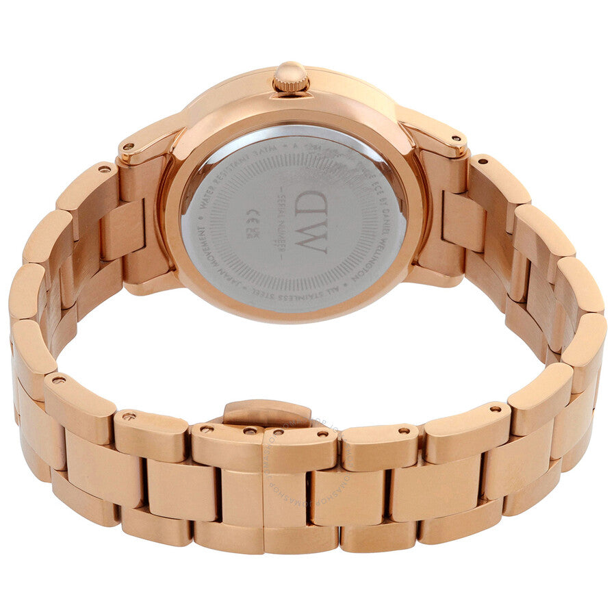 Daniel Wellington Iconic Link caseback with DW logo and rose gold-tone stainless steel bracelet