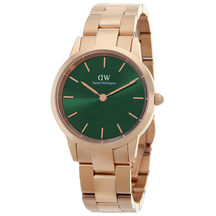 Daniel Wellington Iconic Link watch with emerald green dial and rose gold-tone link bracelet