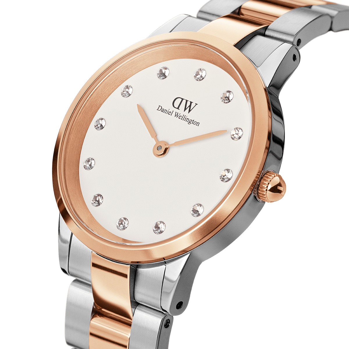 DW Iconic Link Lumine two-tone watch angled view showing rose gold case and stainless steel strap
