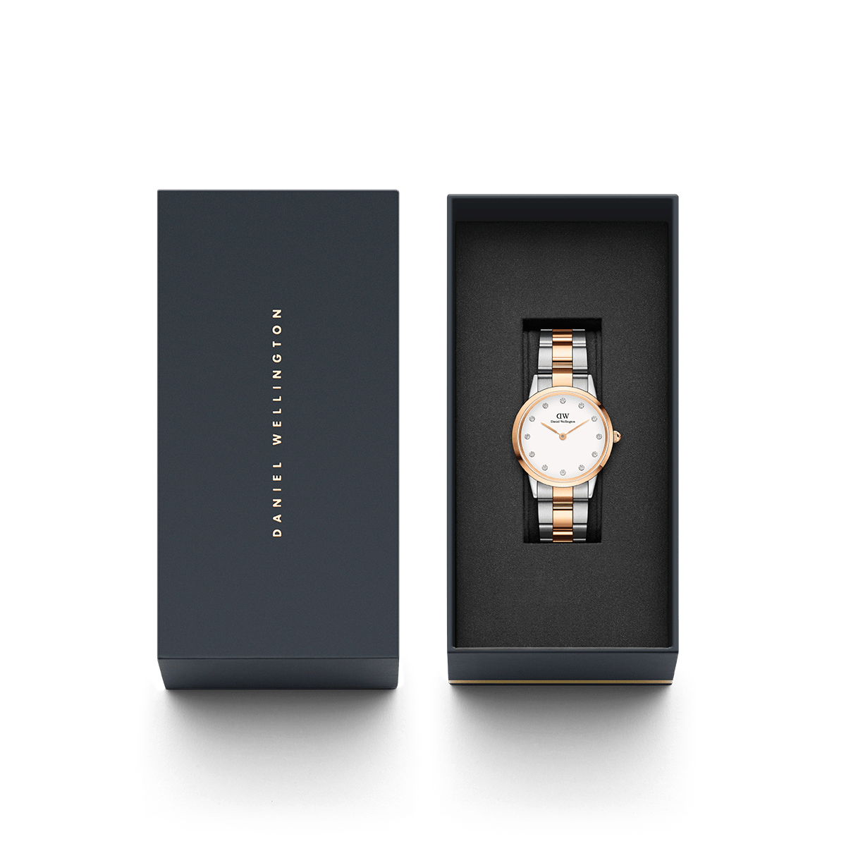 Daniel Wellington Iconic Link Lumine watch displayed in branded two-tone presentation box