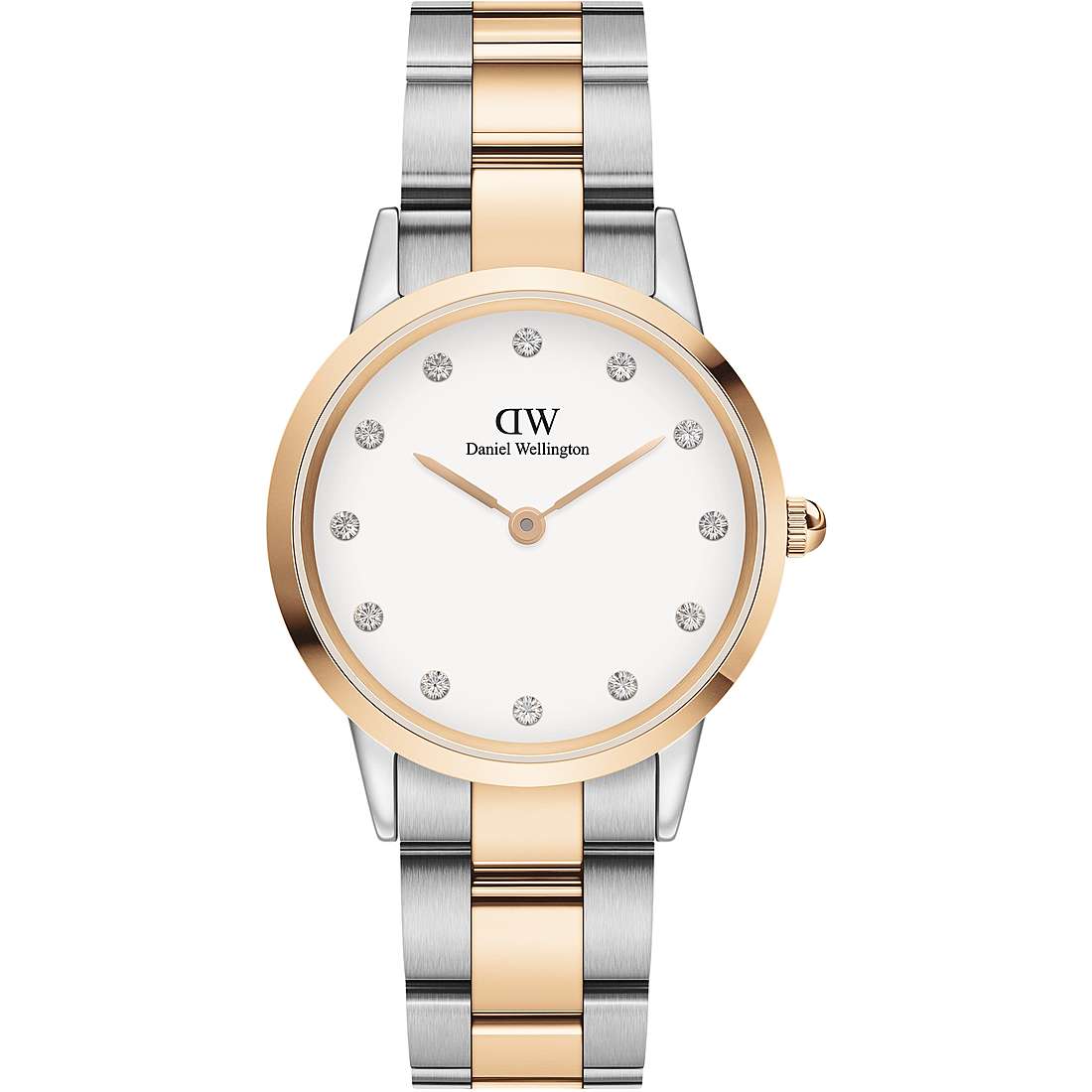 Daniel Wellington Iconic Link Lumine 32mm two-tone ladies watch with white dial and diamond markers