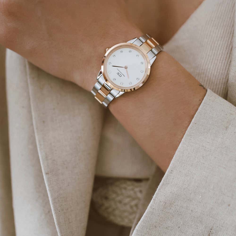Daniel Wellington Iconic Link Lumine 32mm two-tone watch worn on wrist