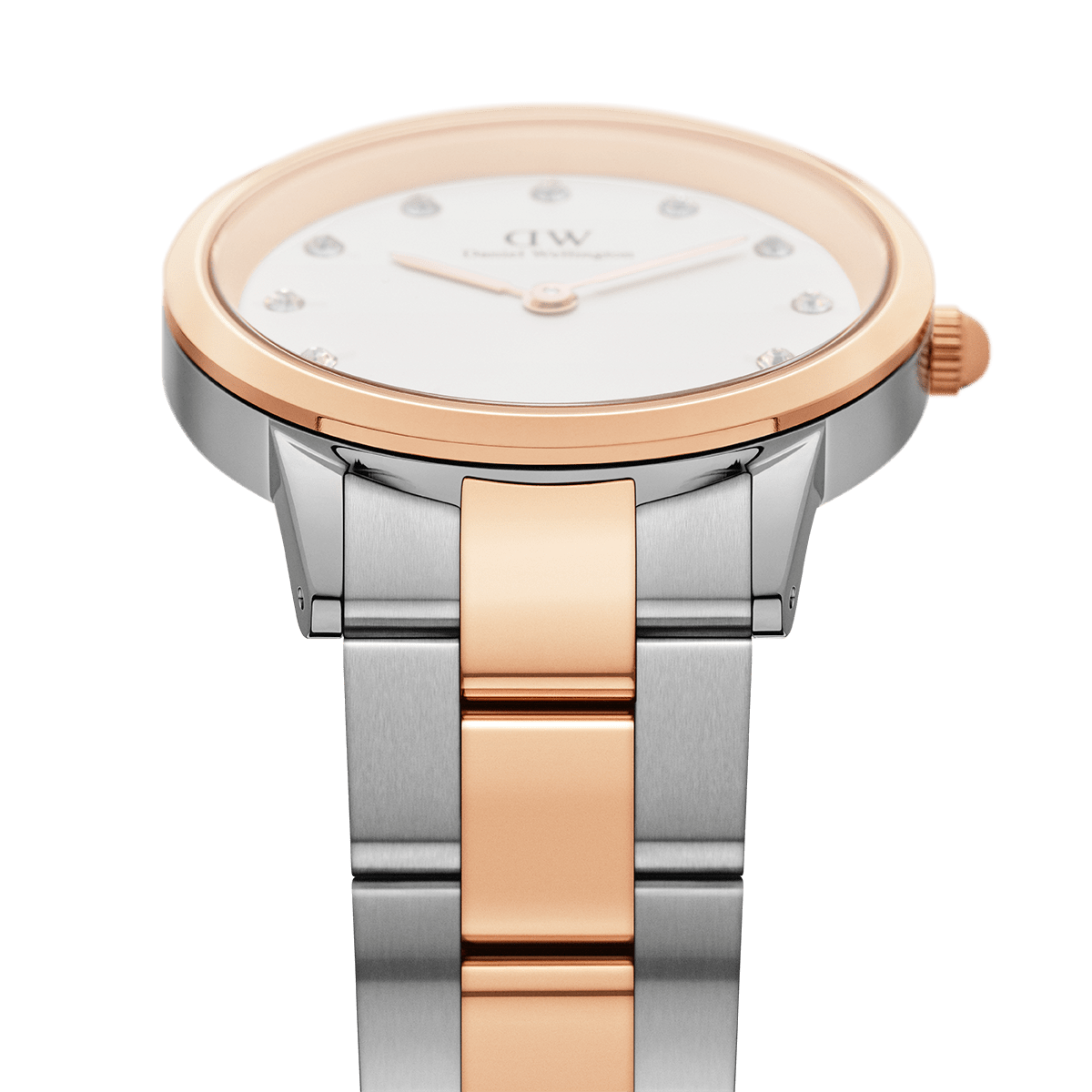 Iconic Link Lumine 32mm watch side view showing white dial, rose gold crown and two-tone bracelet