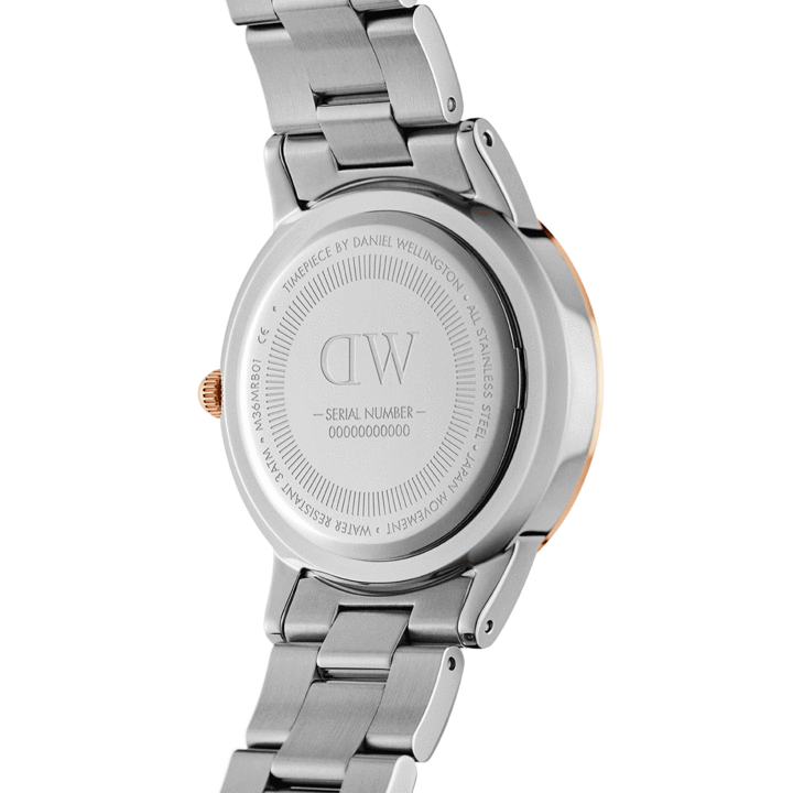 Stainless steel caseback with DW logo and engraved serial number