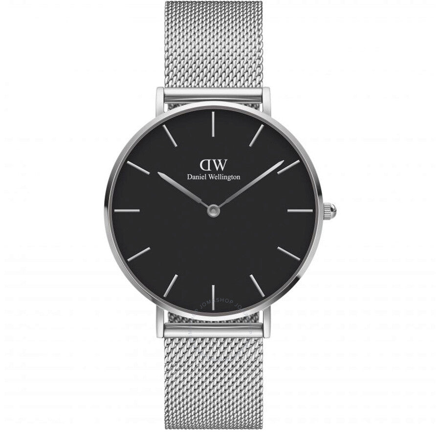 Daniel Wellington Petite 36 watch with black dial, silver-tone mesh strap, and minimalist hour markers