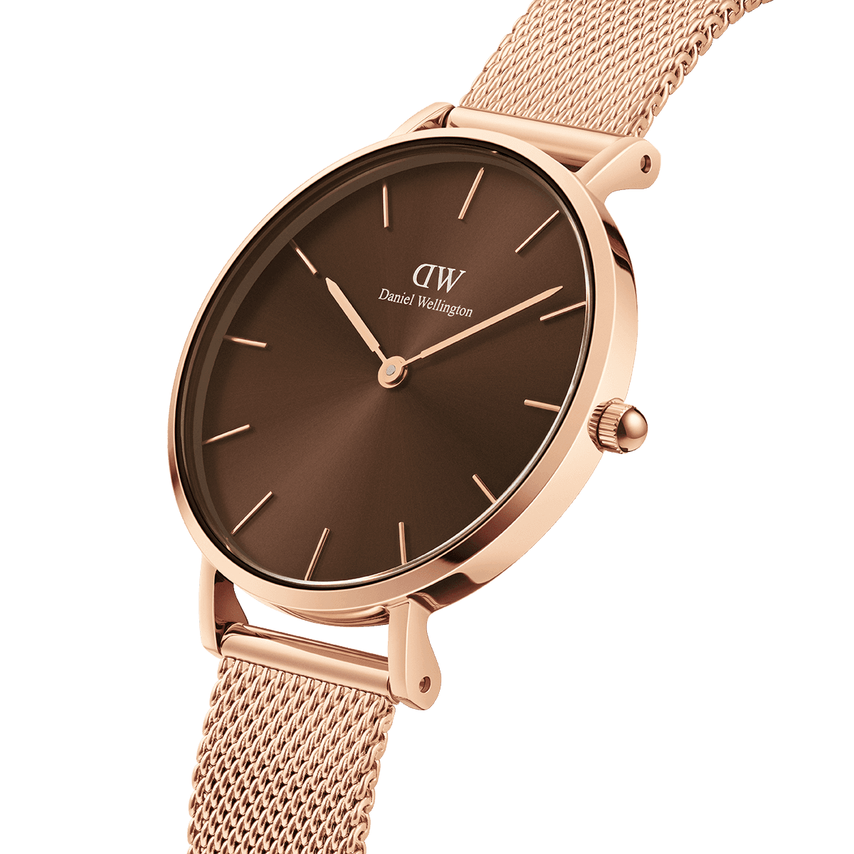Daniel Wellington Petite watch angled view showing amber dial and rose gold case