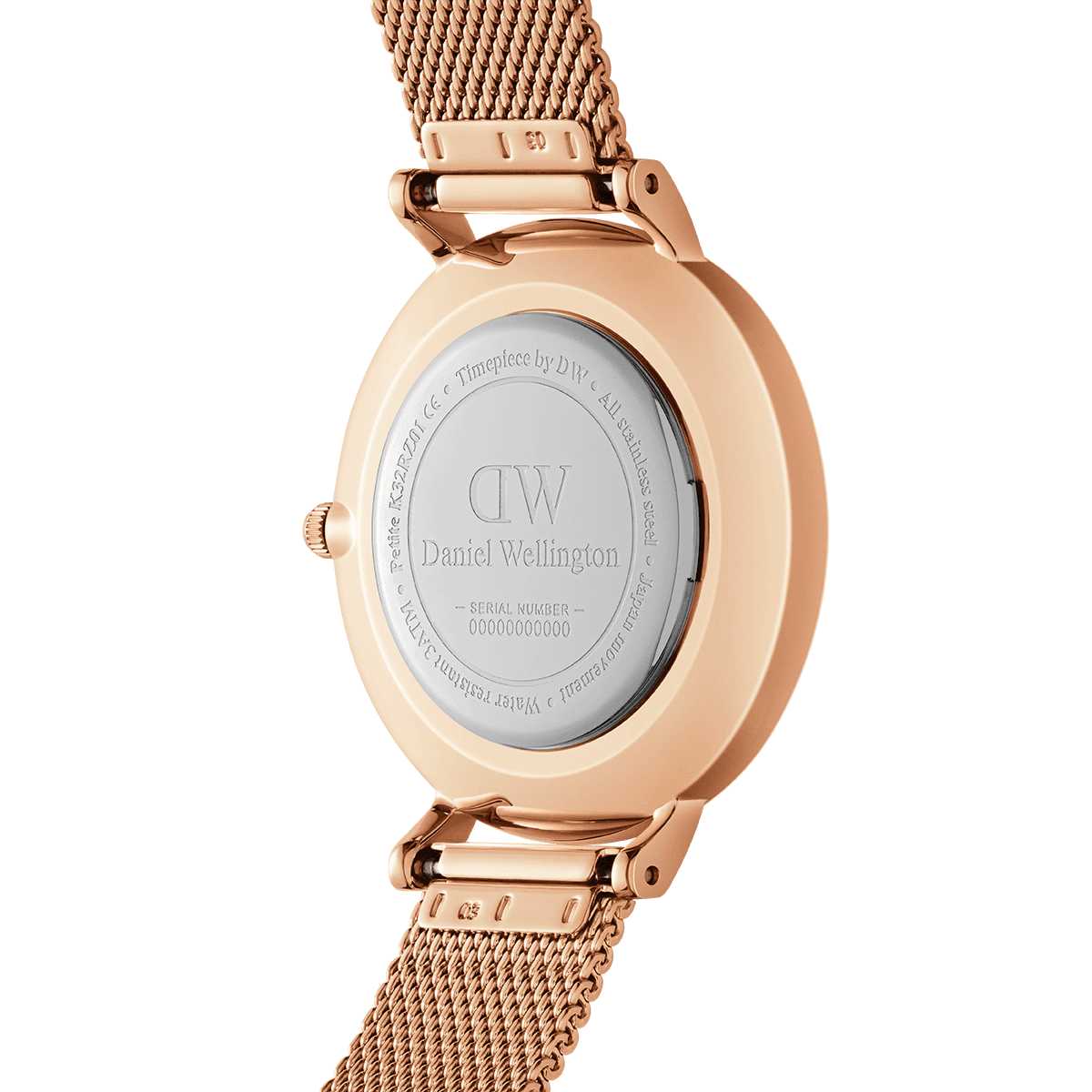 Daniel Wellington case back with engraved DW logo and serial number on rose gold