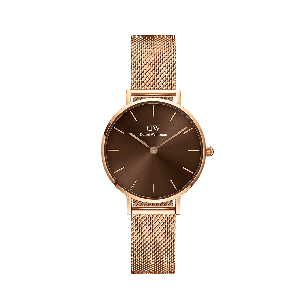 Daniel Wellington Petite Amber rose gold watch with brown dial and mesh strap