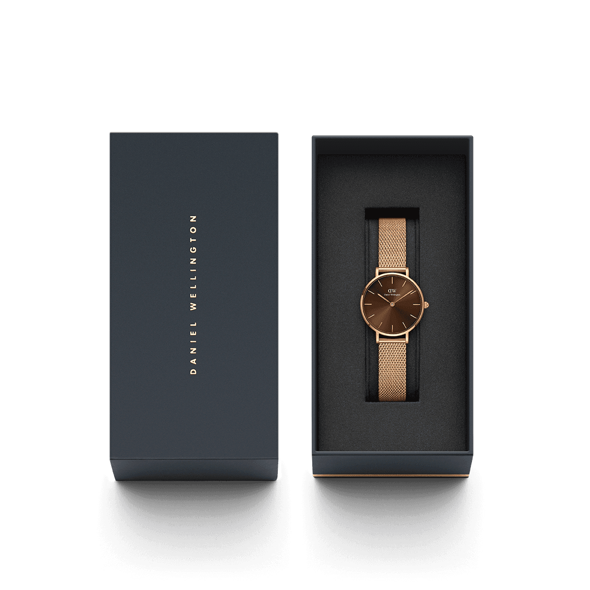Daniel Wellington branded packaging with open box displaying the watch