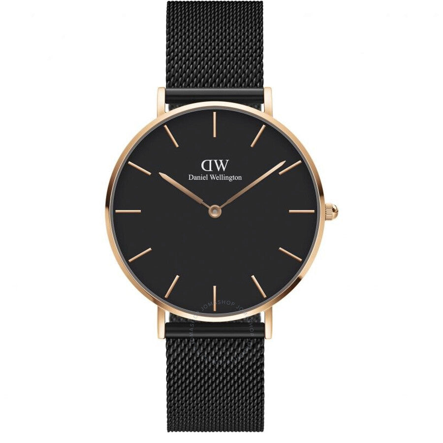 Daniel Wellington Petite Ashfield black dial watch with rose gold case and black mesh strap