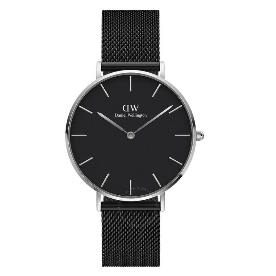 Daniel Wellington Petite Ashfield black dial watch with silver case and black mesh strap