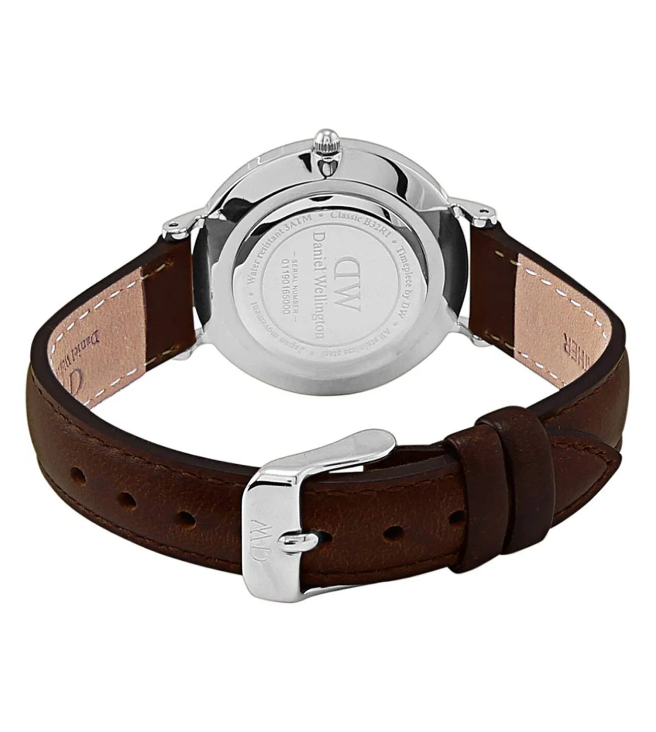 Daniel Wellington Petite Bristol 32mm watch worn on wrist showing back view with caseback visible