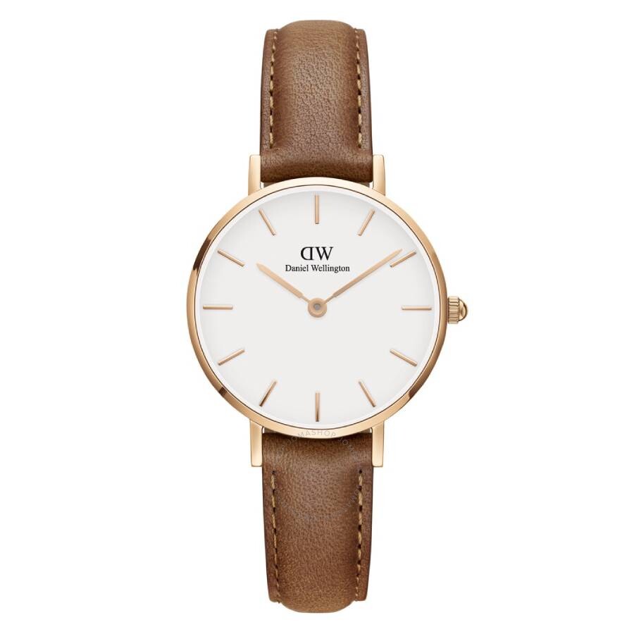 Daniel Wellington Petite Durham white dial quartz watch with rose gold case and brown leather strap