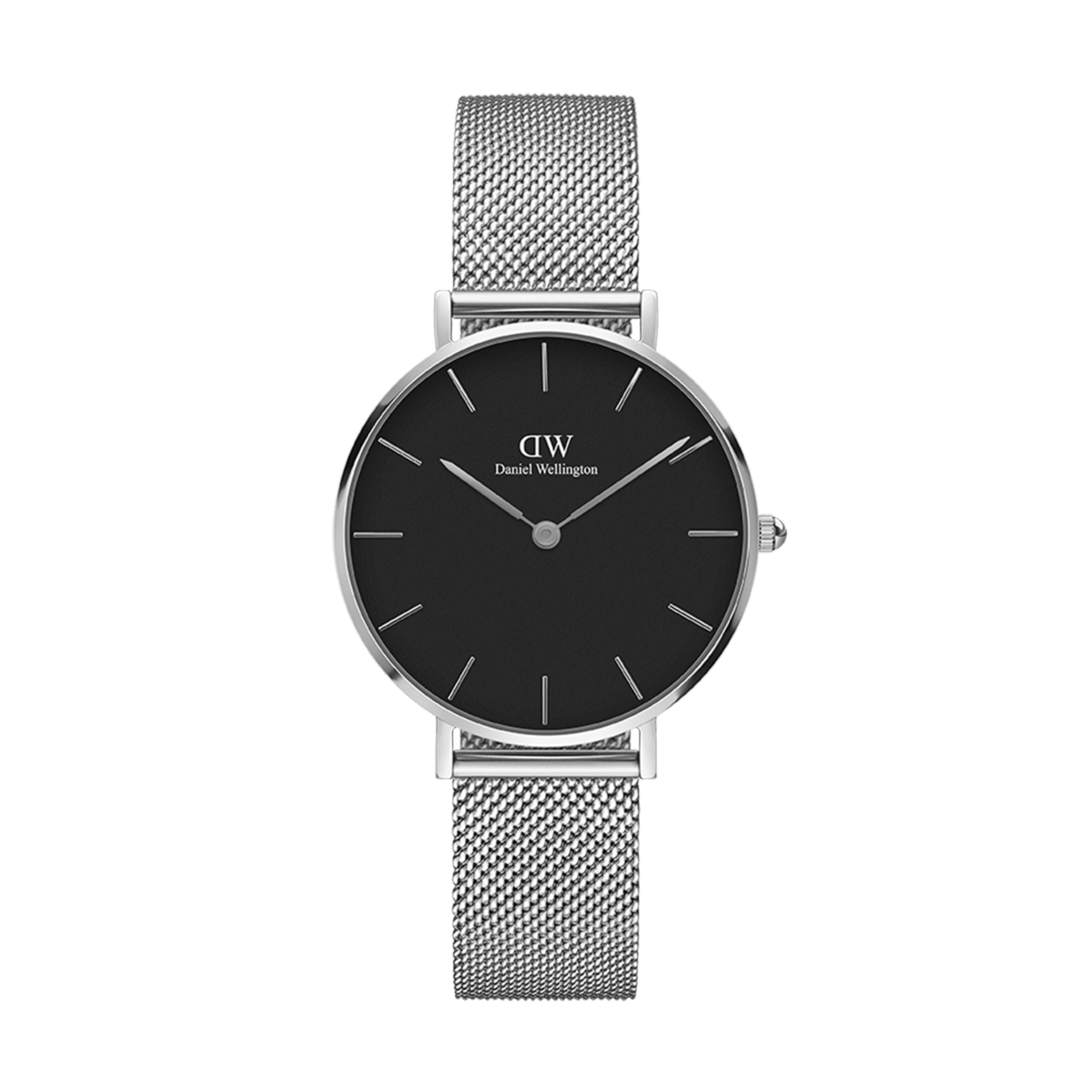 Daniel Wellington Petite 32mm watch with black dial and steel mesh strap