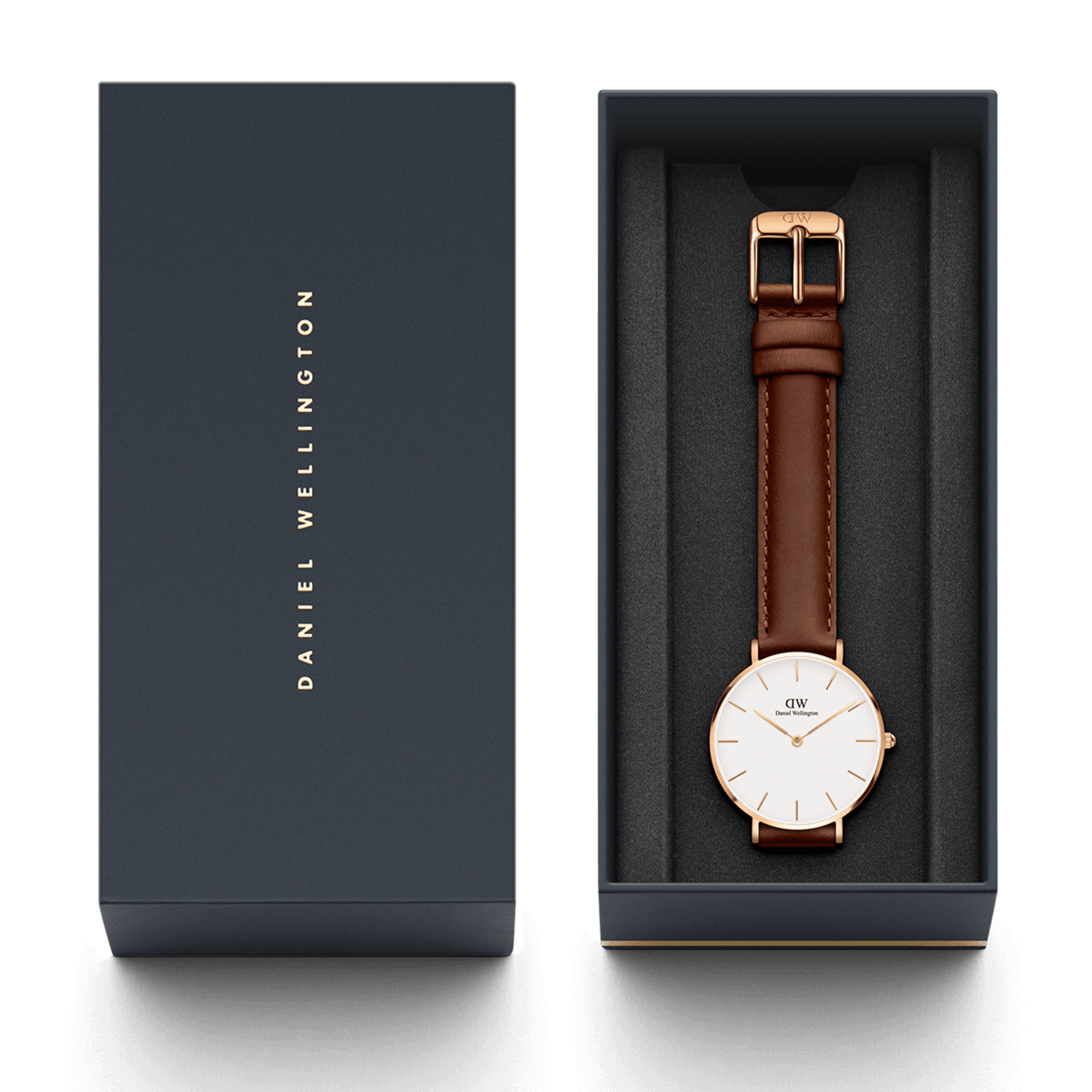 Daniel Wellington Petite watch in box with brown leather strap and rose gold case