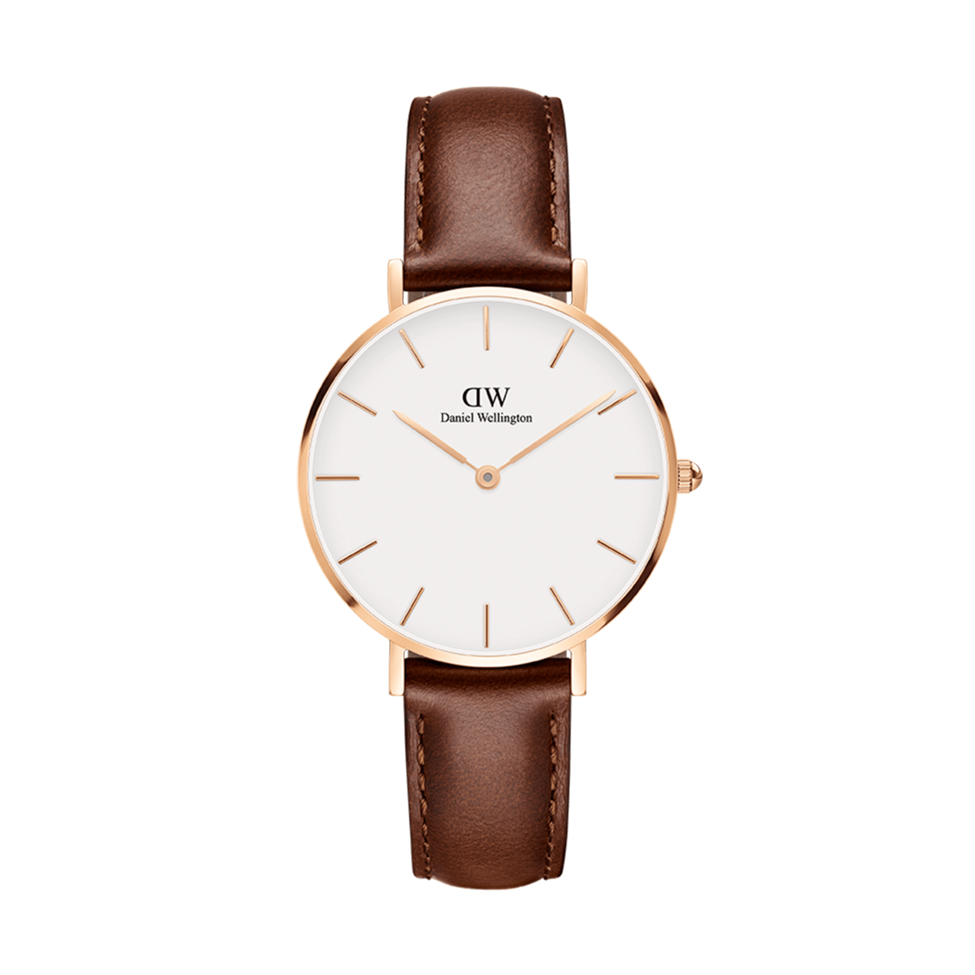 Daniel Wellington Petite white dial women's watch with rose gold case and brown leather strap