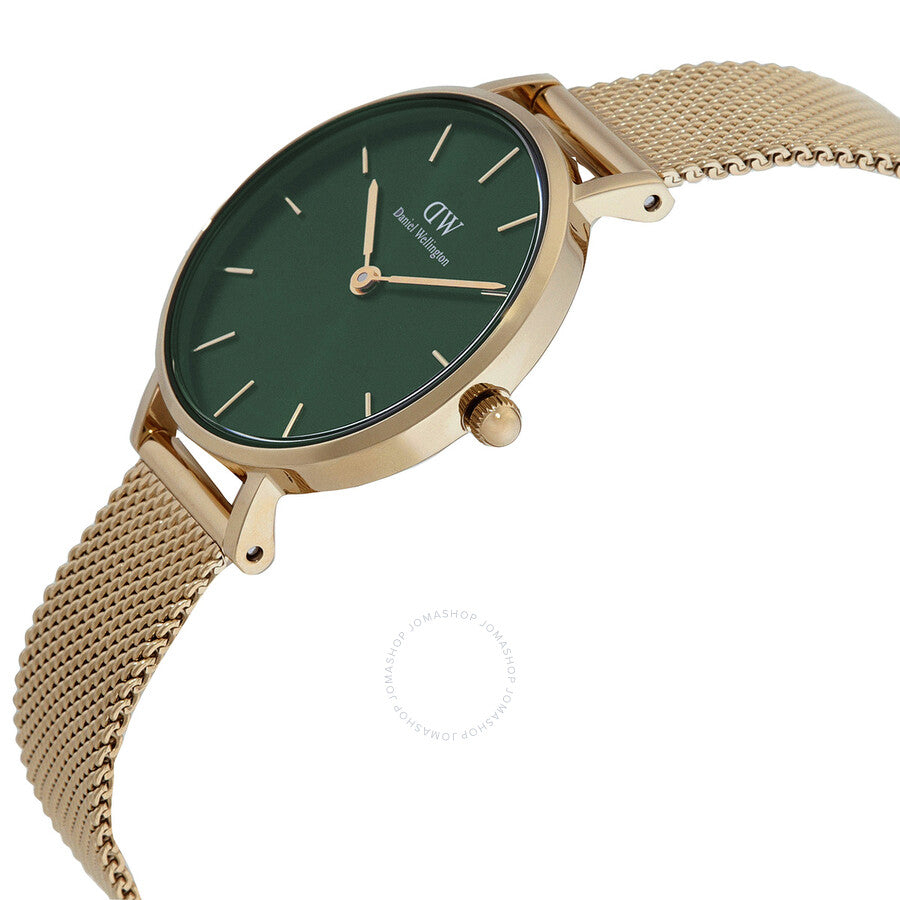 Side angle view of Daniel Wellington Petite watch with green dial and rose gold mesh band