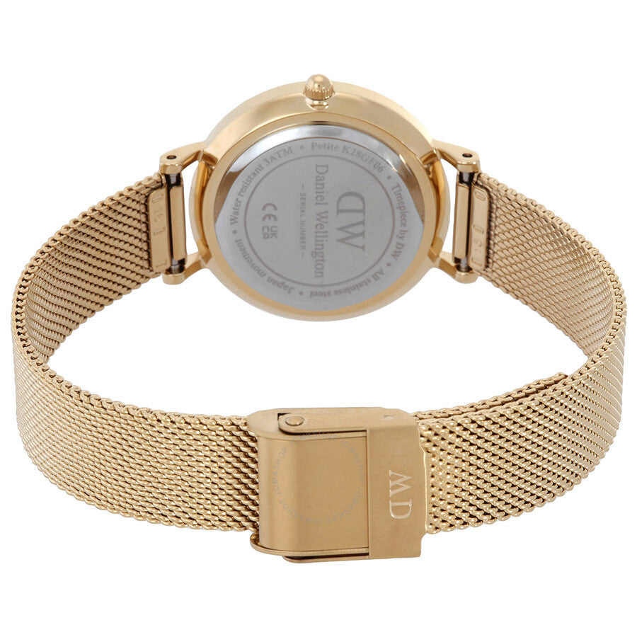 Caseback of Daniel Wellington Petite watch showing mesh strap and buckle closure