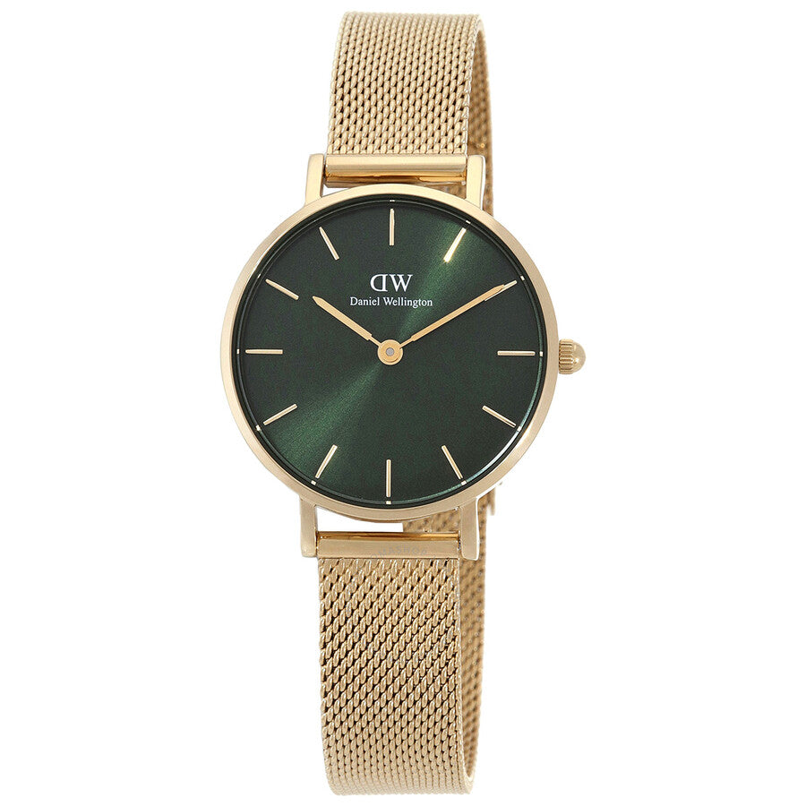 Daniel Wellington Petite quartz watch with green dial and rose gold mesh strap