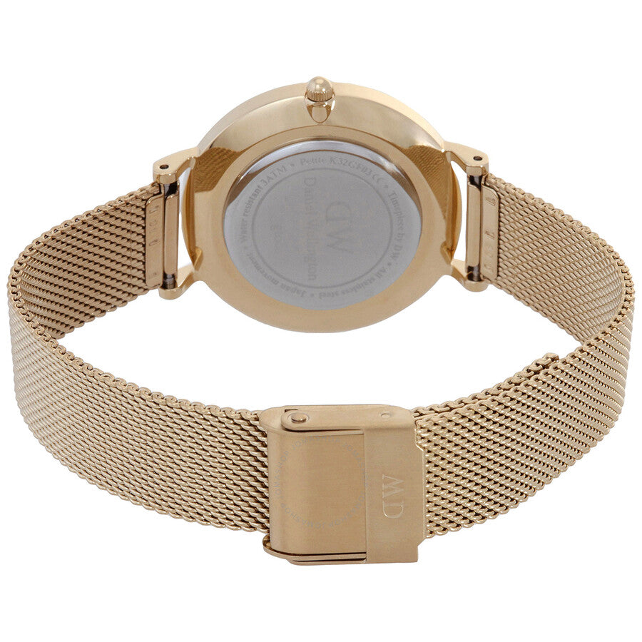 Daniel Wellington Petite watch caseback with mesh strap and clasp closure