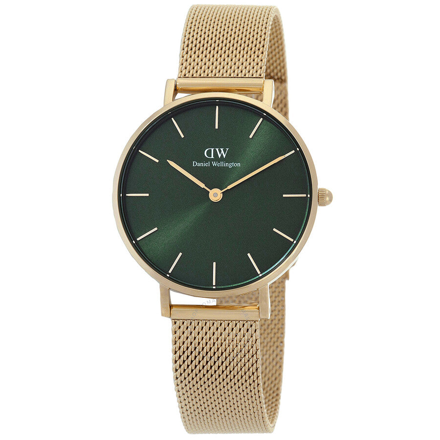 Daniel Wellington Petite watch with green dial, gold mesh strap, and rose gold case