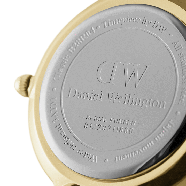 Watch caseback showing Daniel Wellington branding and serial number