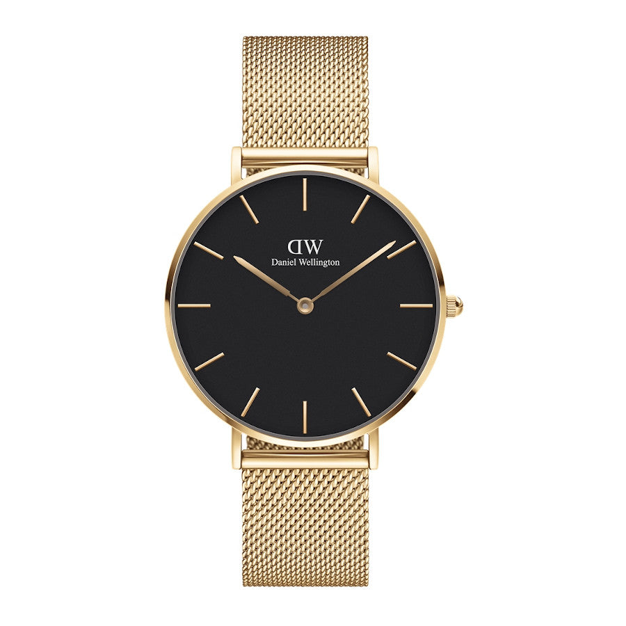 Daniel Wellington Petite Evergold black dial watch with gold mesh strap