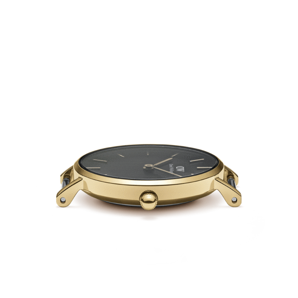 Side profile view of gold case with black dial and mesh strap