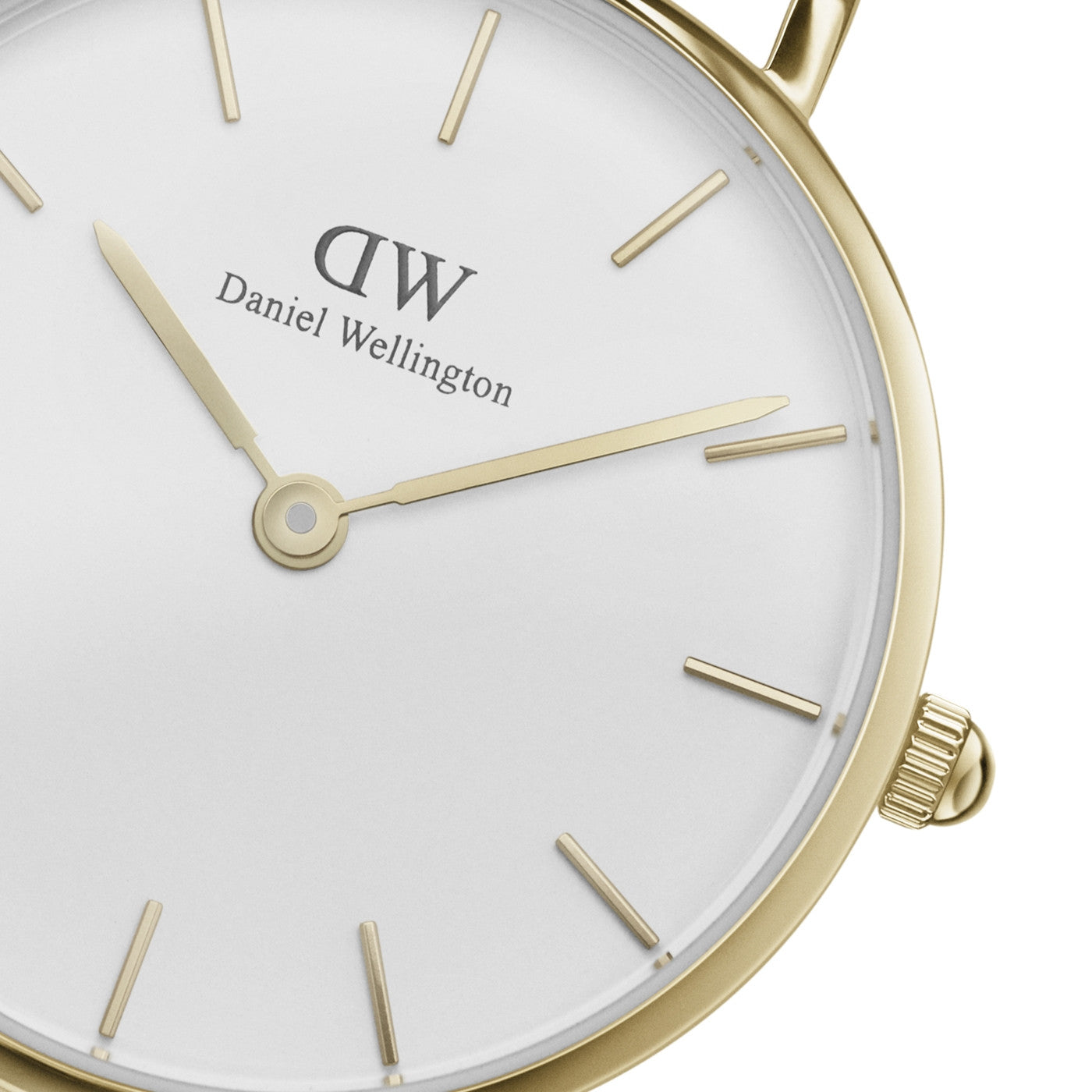 Close-up of Daniel Wellington Petite Evergold dial with gold hands and markers
