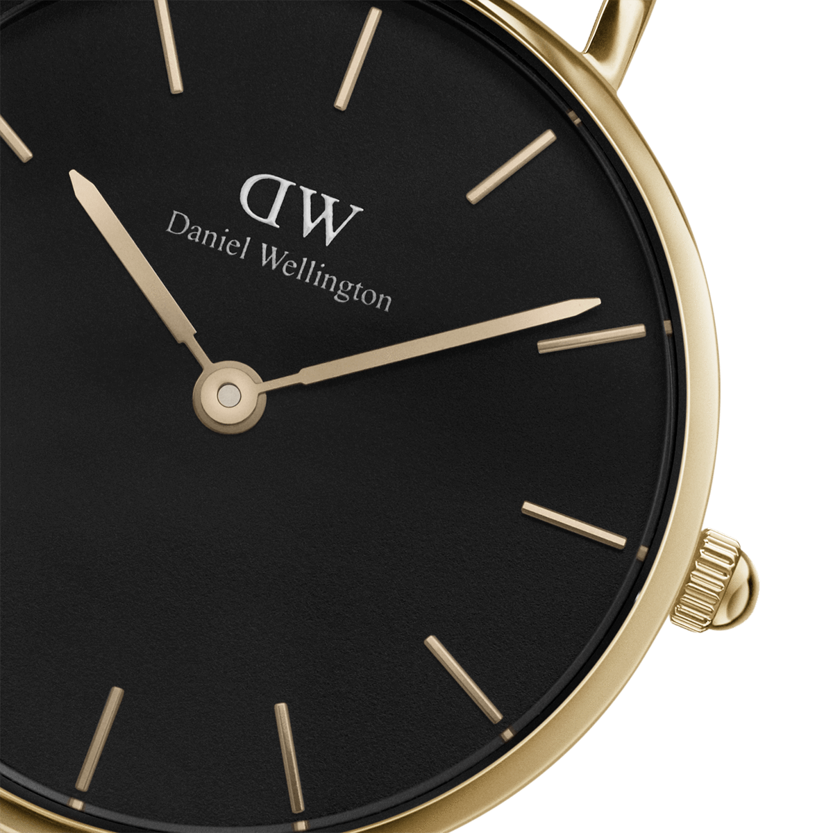 Angled view of 28mm watch case showing dial and gold mesh strap