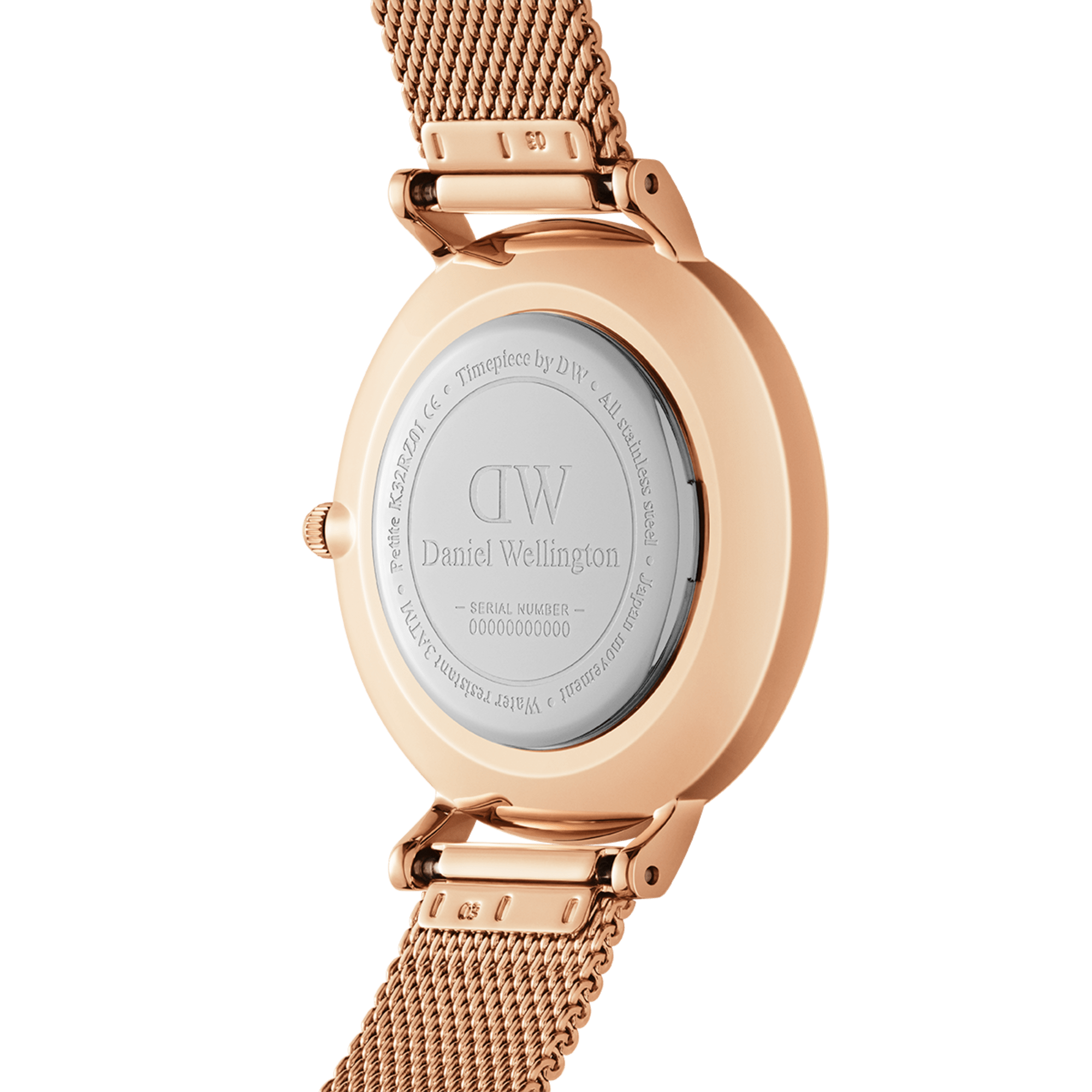 Case back of Daniel Wellington Petite Lumine watch showing engraved branding