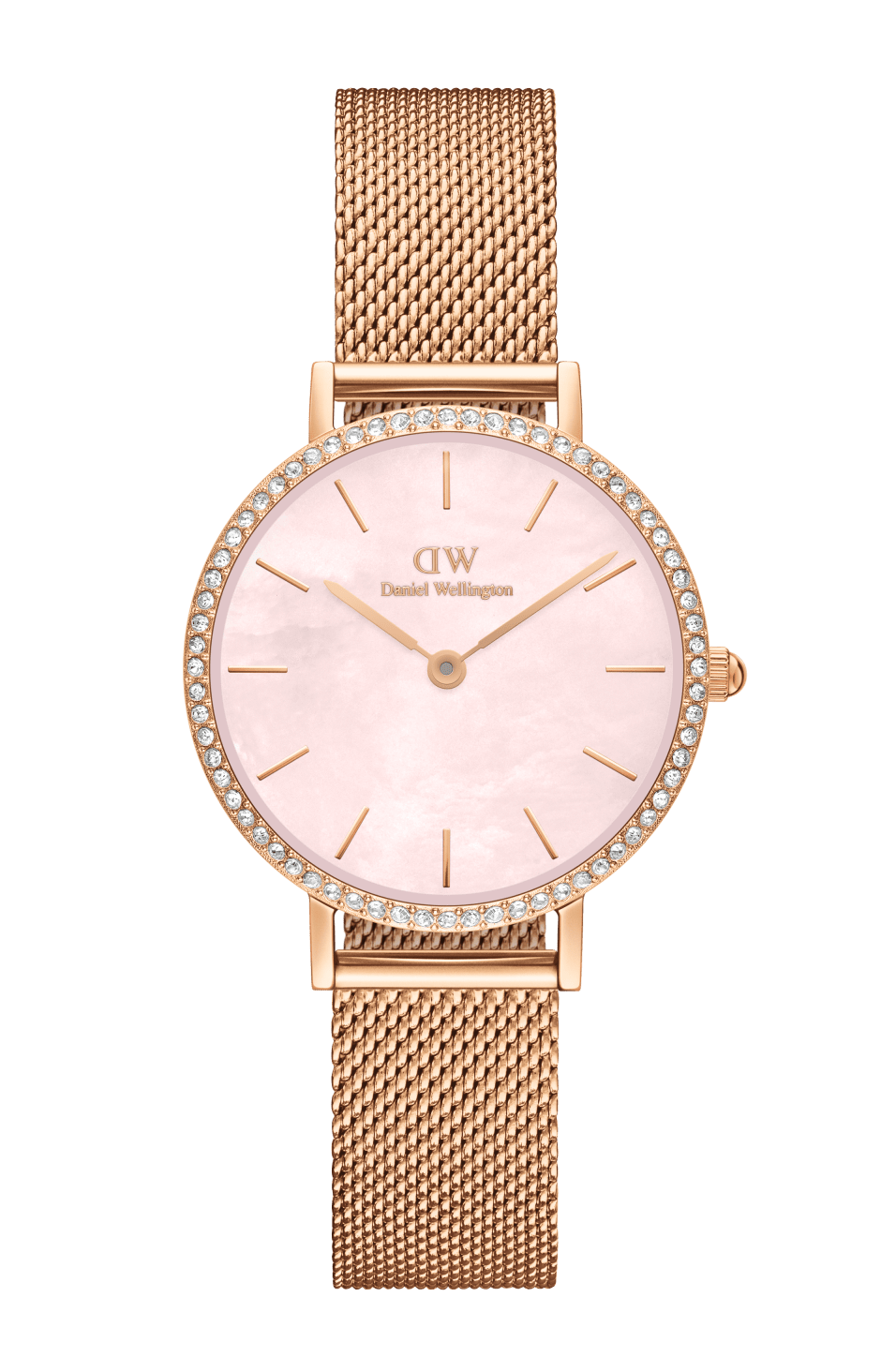 Daniel Wellington Petite Lumine Bezel Melrose watch with rose gold mesh strap and crystal bezel