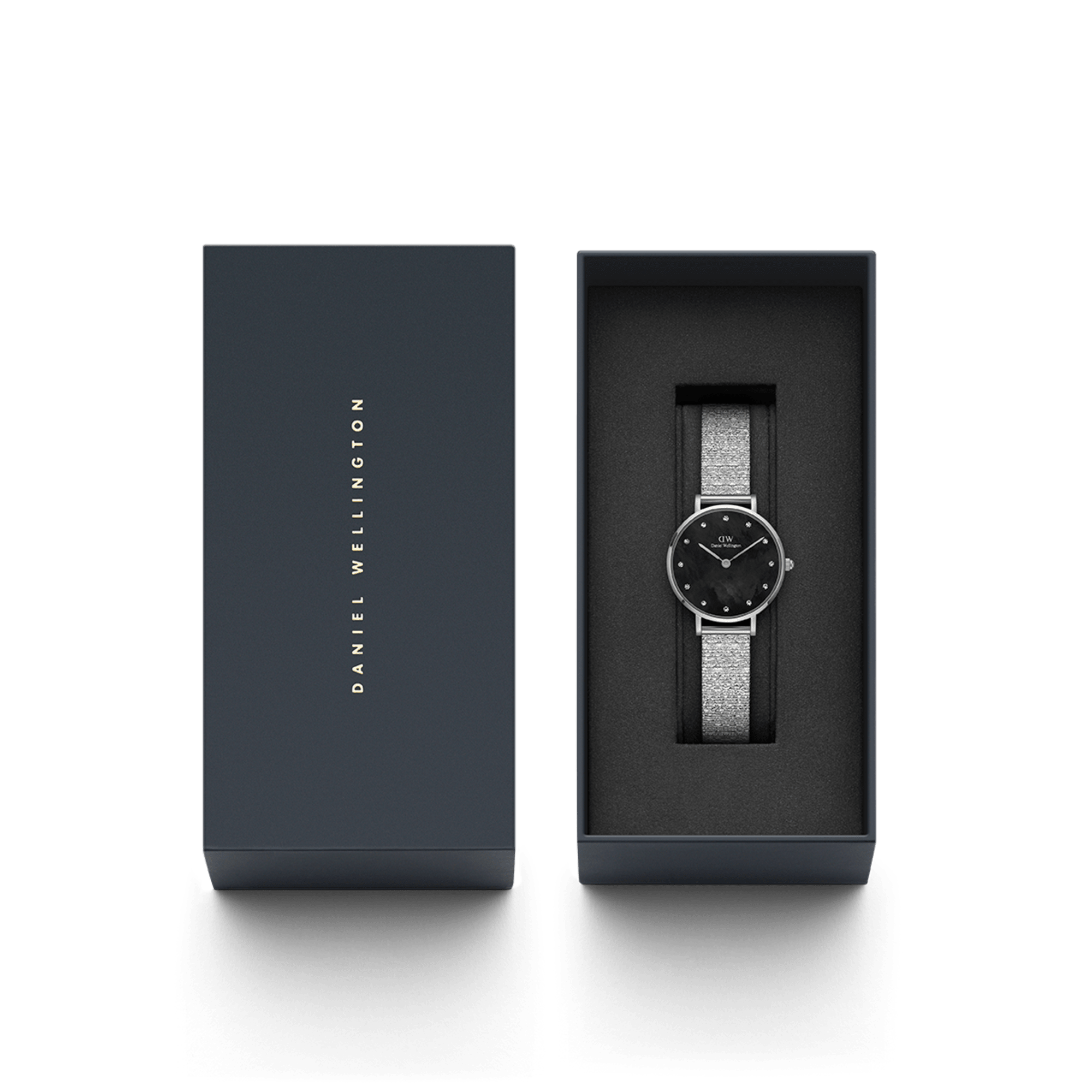 Daniel Wellington Petite Lumine watch with silver mesh strap in branded black gift box