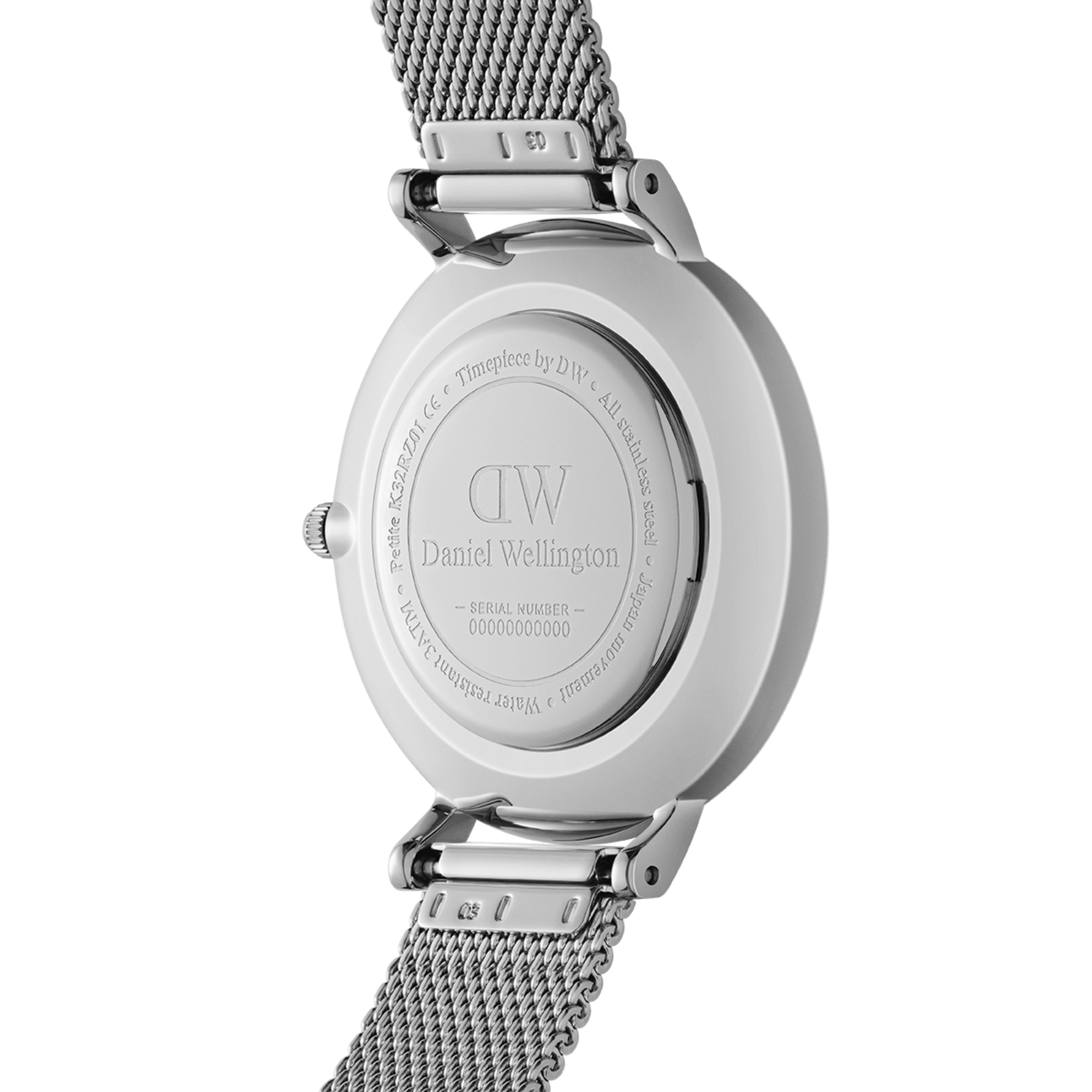 Daniel Wellington Petite Lumine caseback showing engraved logo and serial number