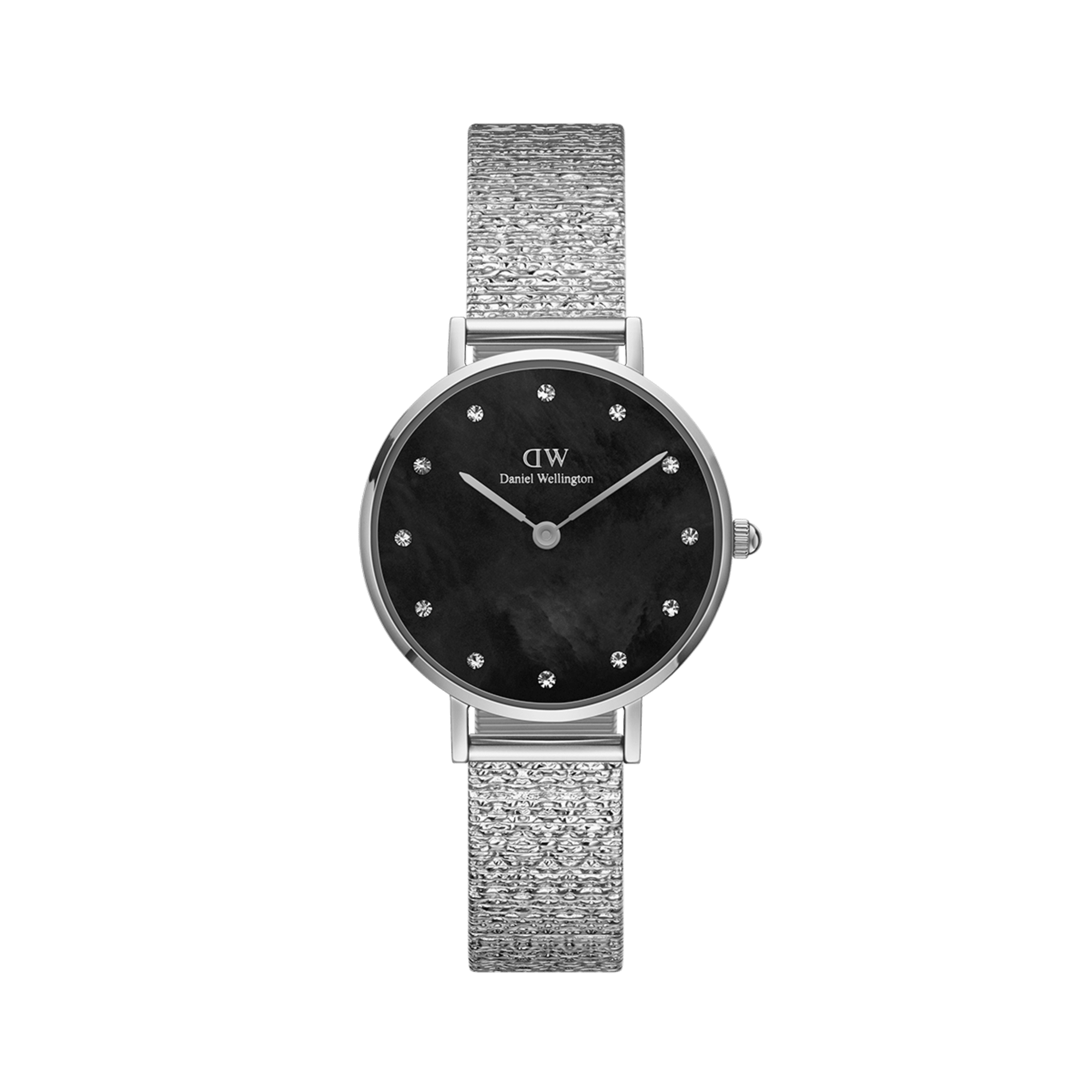 Daniel Wellington Petite Lumine black mother-of-pearl dial with silver mesh strap, front view