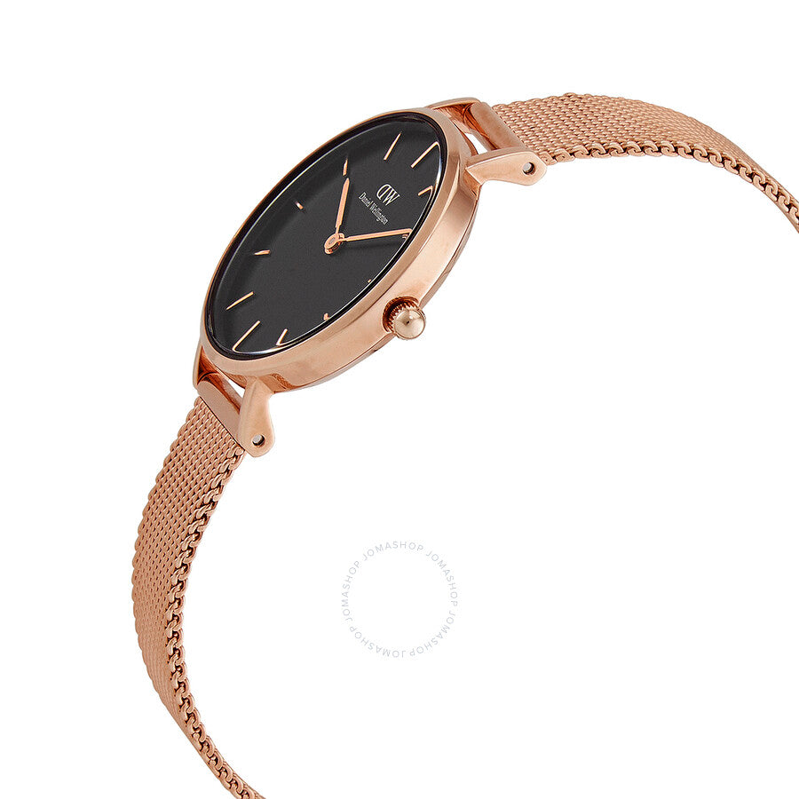 Daniel Wellington Petite Melrose watch from angled side view showing case profile and mesh band