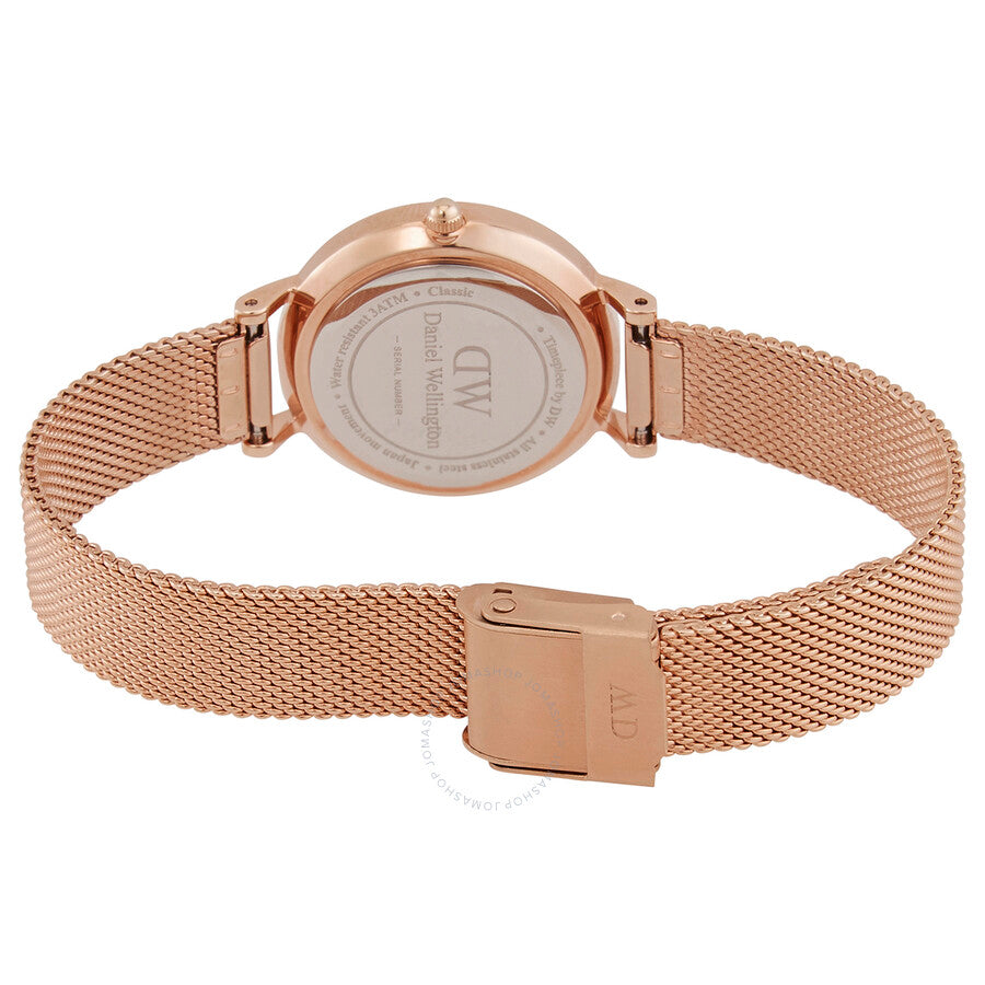 Daniel Wellington Petite Melrose caseback showing mesh strap and rose gold case closure