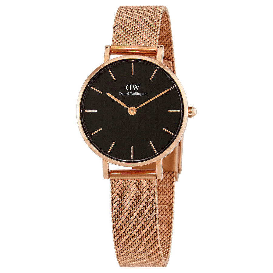 Daniel Wellington Petite Melrose black dial ladies watch with rose gold mesh strap