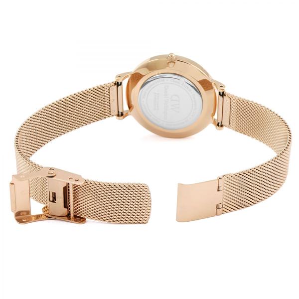 Overhead caseback view of Daniel Wellington Petite Melrose with rose gold mesh strap and clasp