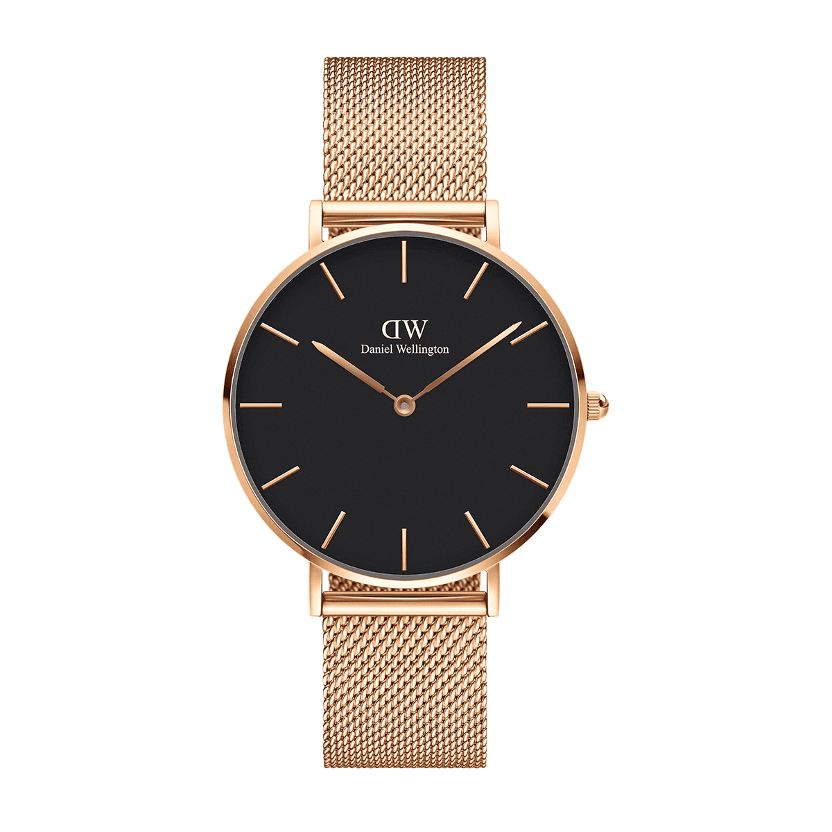 Daniel Wellington Petite Melrose 36mm watch with black dial and rose gold mesh strap