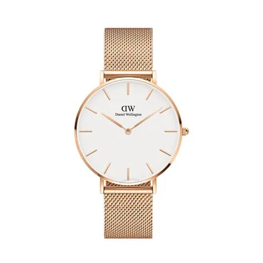 Daniel Wellington Petite Melrose white dial watch with rose gold mesh strap