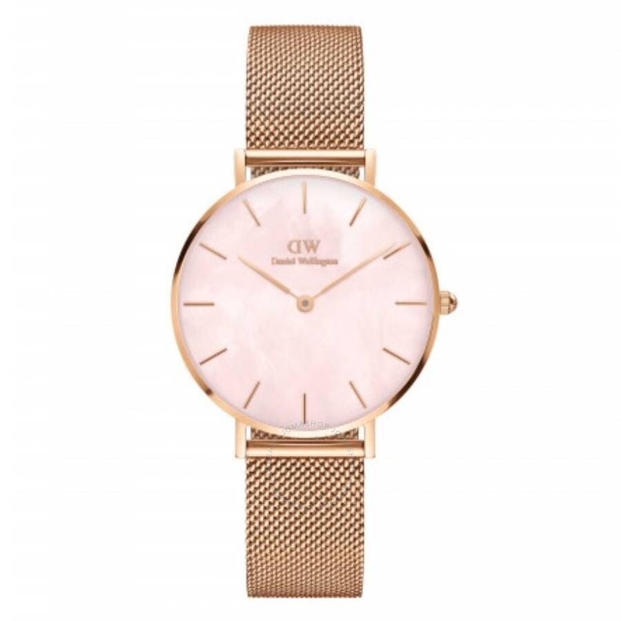 Daniel Wellington Petite Melrose Pearl watch with pink dial and rose gold mesh strap